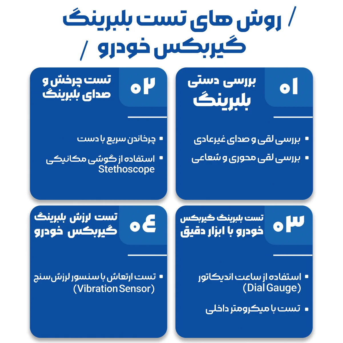 روش‌های تست بلبرینگ گیربکس خودرو که شامل بررسی دستی بلبرینگ، تست چرخش و صدای بلبرینگ، تست بلبرینگ گیربکس خودرو با ابزار دقیق و تست لرزش بلبرینگ گیربکس خودرو می‌شود.