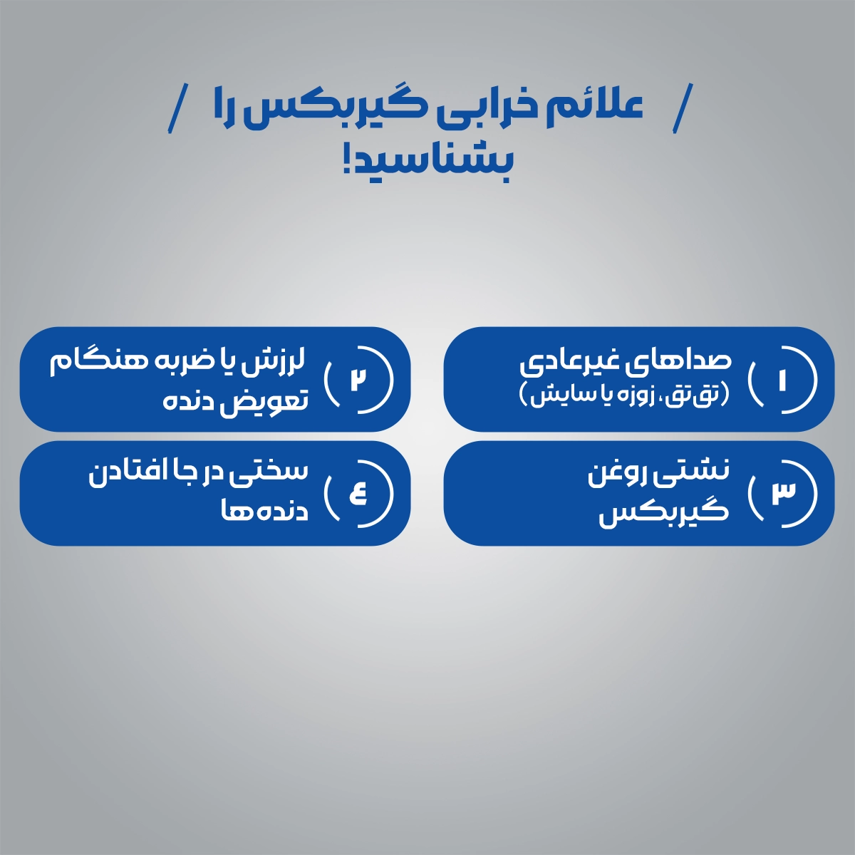 اینفوگرافیک علائم خرابی گیربکس را بشناسید! 1 صداهای غیرعادی 2 لرزش یا ضربه هنگام تعویض دنده 3 نشتی روغن گیربکس 4 سختی در جا افتادن دنده‌ها