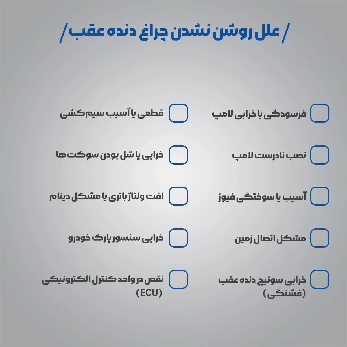 10 علت روشن نشدن چراغ دنده عقب خودرو و روشهای تست آن 1 اینفوگرافیک : علل روشن نشدن چراغ دنده عقب فرسودگی یا خرابی لامپ نصب نادرست لامپ آسیب یا سوختگی فیوز مشکل اتصال زمین خرابی سوئیچ دنده عقب (فشنگی) قطعی یا آسیب سیمکشی خرابی یا شل بودن سوکتها افت ولتاژ باتری یا مشکل دینام خرابی سنسور پارک خودرو نقص در واحد کنترل الکترونیکی (ECU)